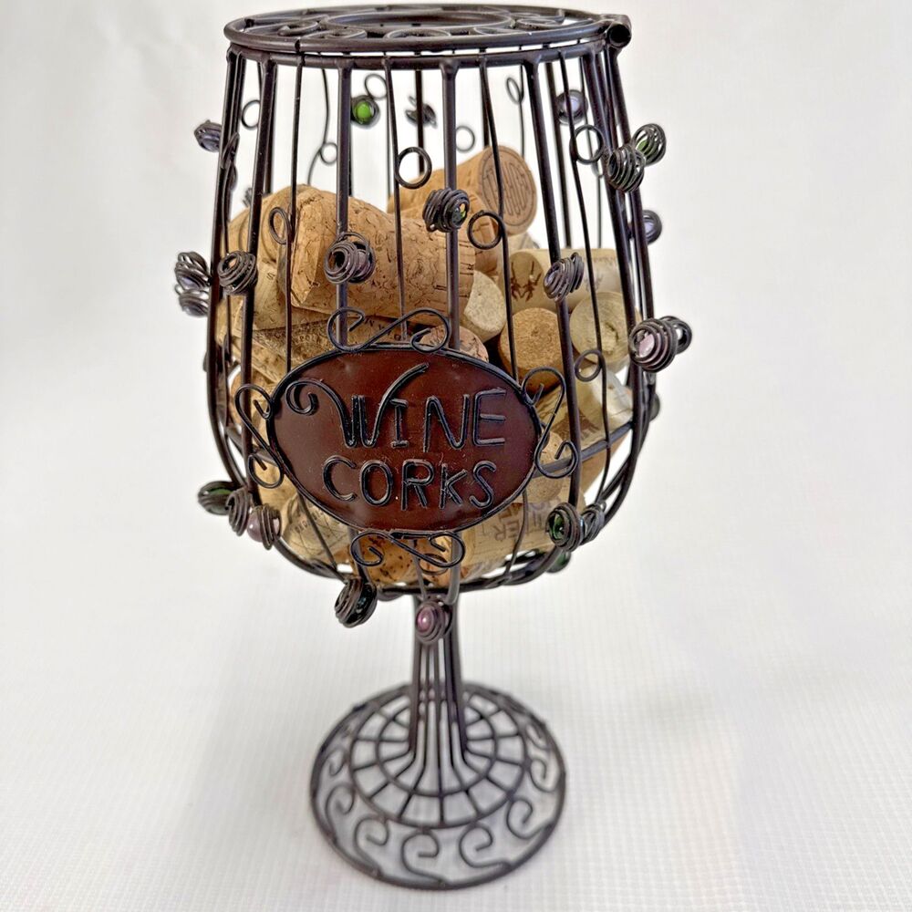 Wine Glass Shaped Wire Cork Holder, beads spirals 12" starter corks included